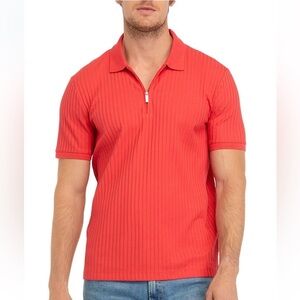 NWOT Perry Ellis Ribbed Quarter-Zip Short Sleeve Polo Shirt, size Medium, coral